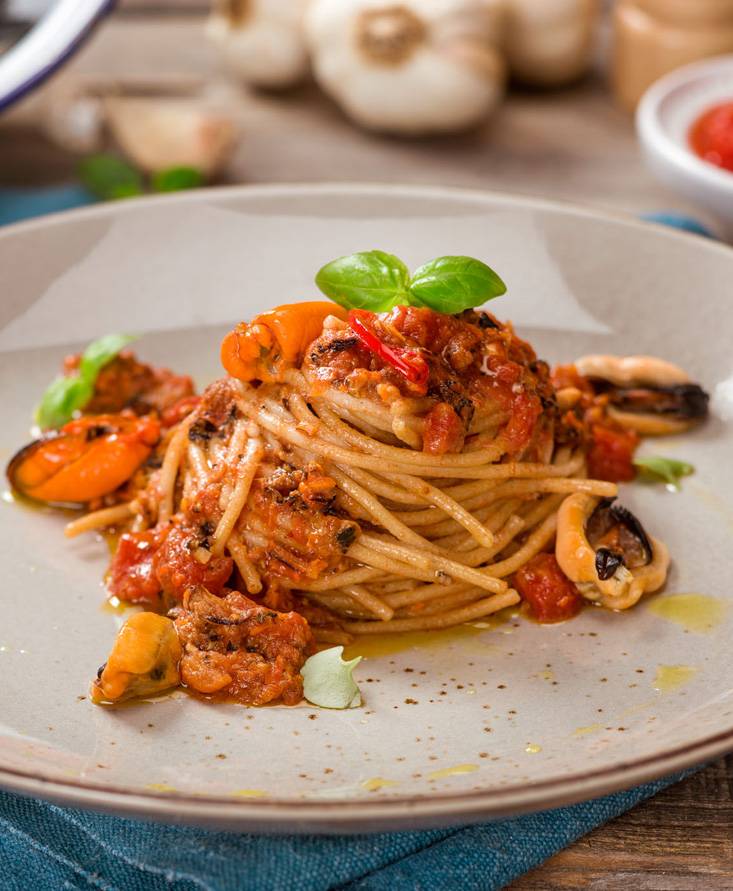 Vollkorn-Spaghetti mit Miesmuscheln